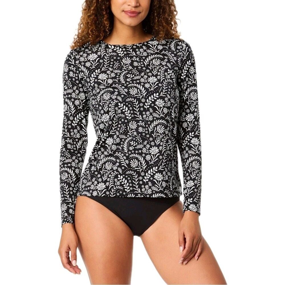 Lands' End Women's Sun Tee Shirt UPF 50 Long Sleeve Size L (14/16) Black Paisley